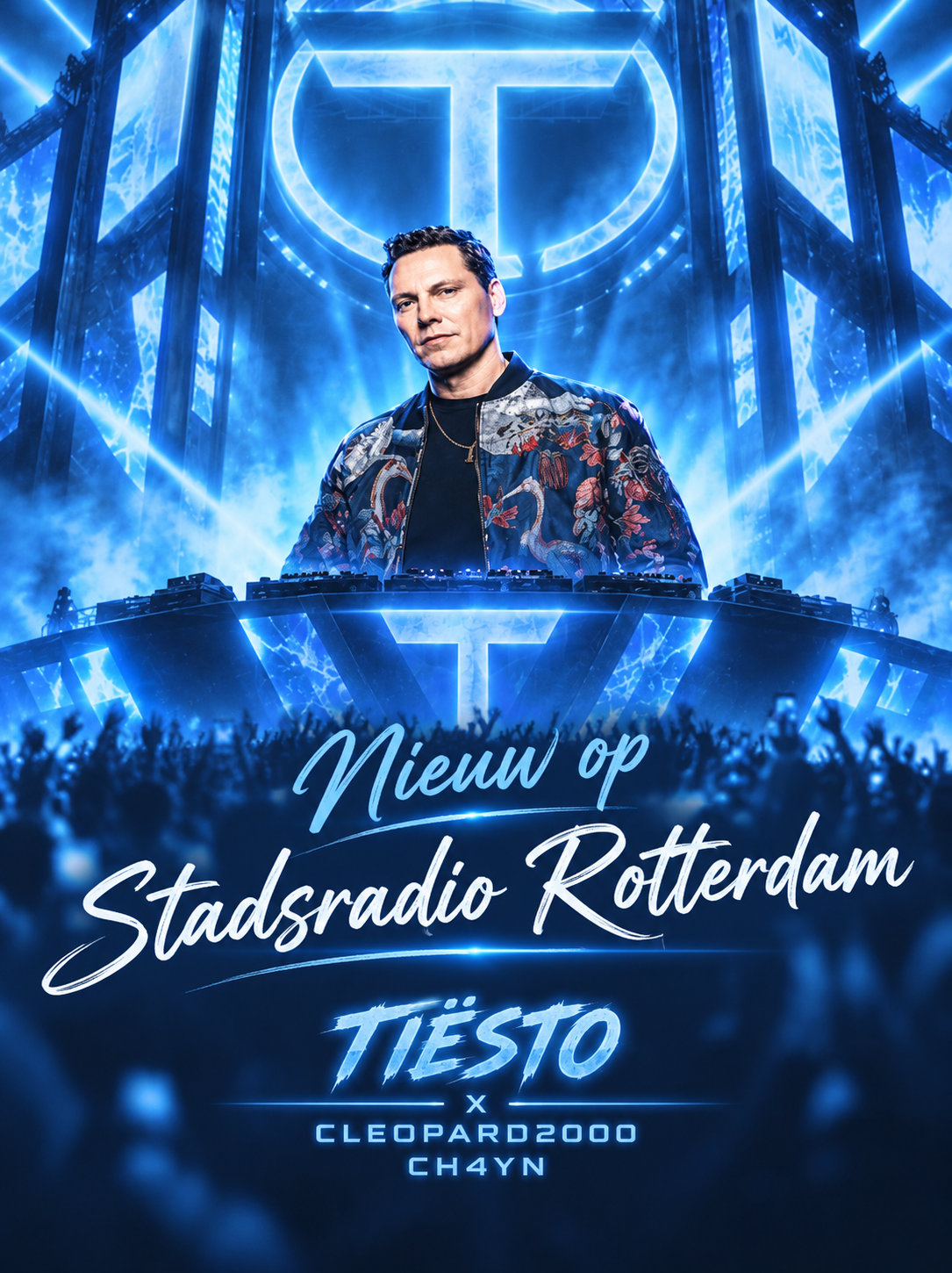 Neonblauwe Tiësto-concertposter